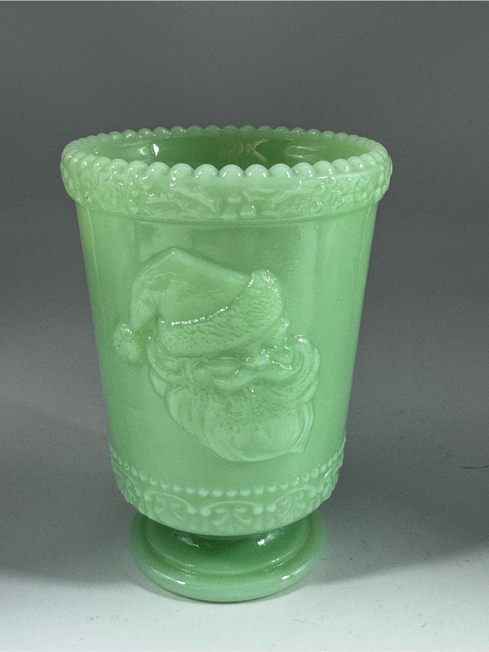 Mosser Glass Jadeite Green Santa Christmas Cup